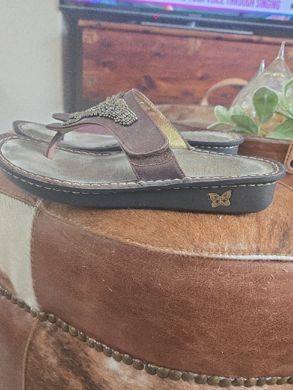 Alegria Metallic Bronze Beaded Thong Sandals - Picture 3 of 11